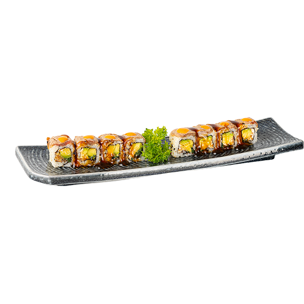 URAMAKI DE SOLOMILLO FLAMBEADO CON SALSA CHILI CREMA (8U)